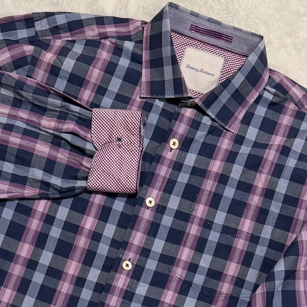 Tommy Bahama Button Up Mens Large Purple Plaid Long Sleeve Dress Shirt